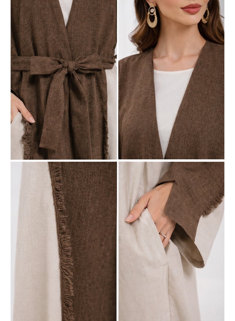 SHOWDAY Women’s Open Front Abaya Cardigan, Two Tone Long Kimono Kaftan with Belt & Pockets, Modest Maxi Outerwear for Daily Wear, Ramadan & Eid - Image 4